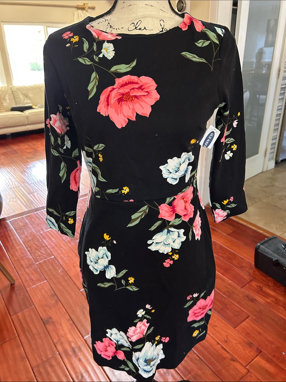 Old Navy Black Long-Sleeve Floral Sheath Dress with Pink and White Blooms